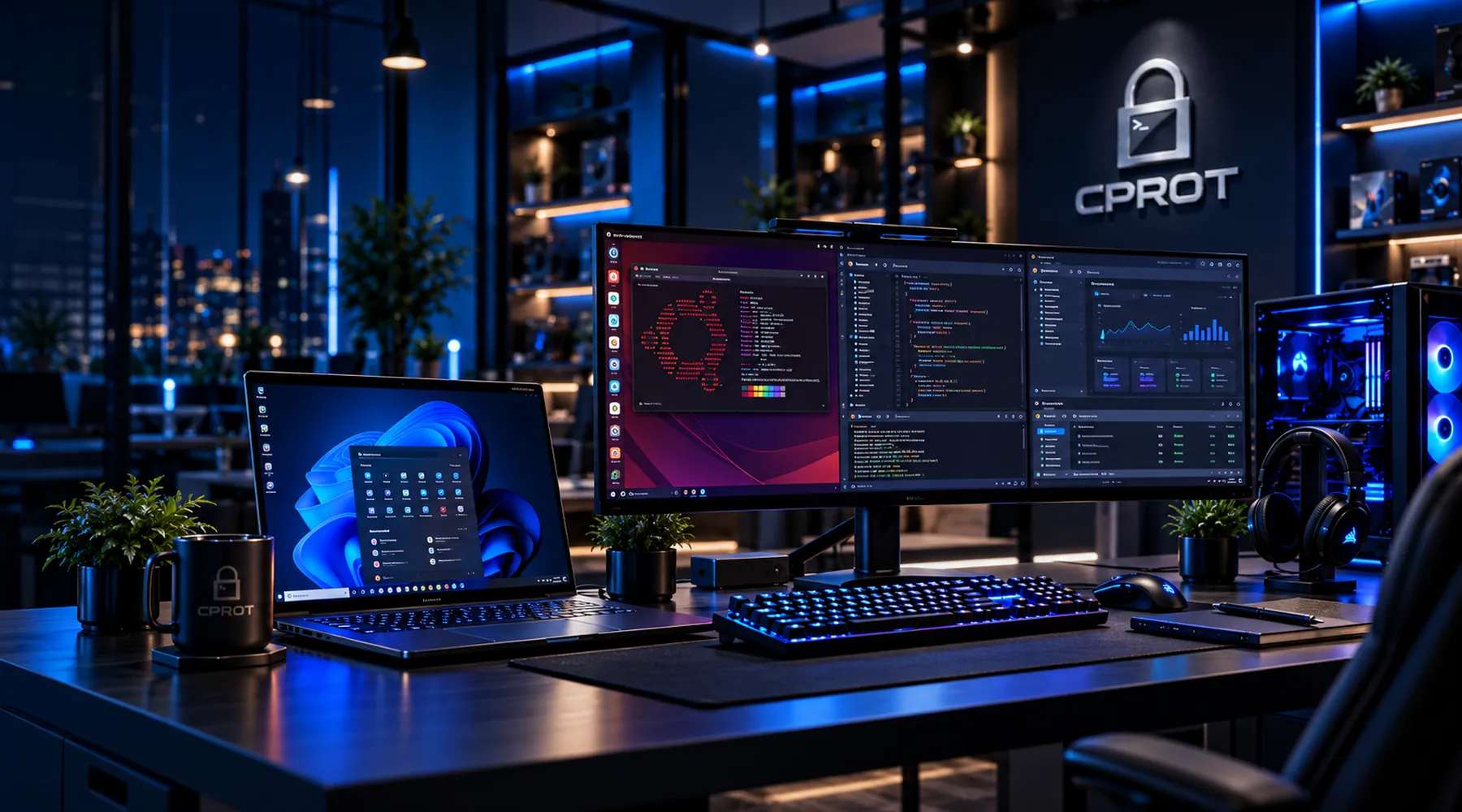 Espacio de desarrollo de software con sistemas Windows, Linux y macOS